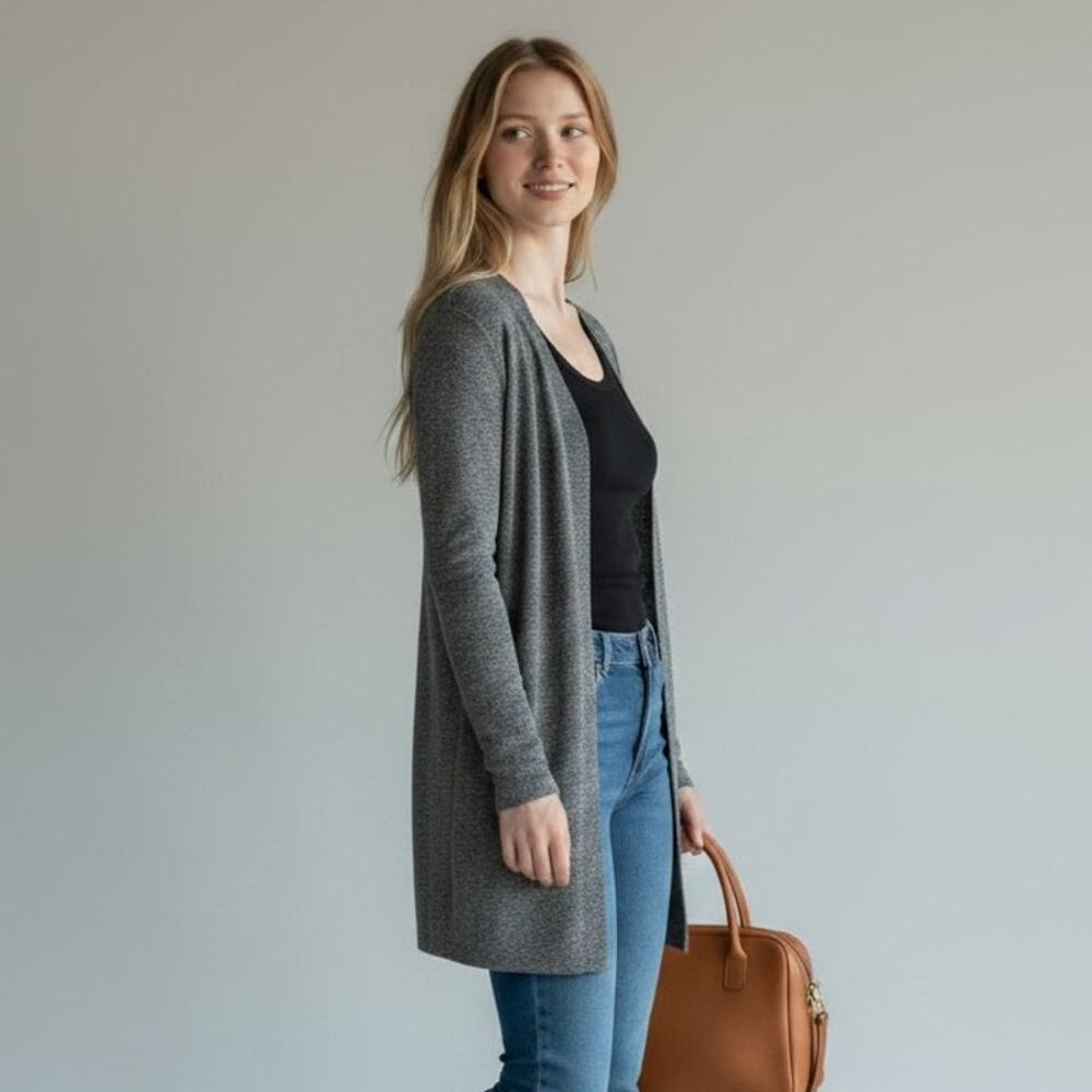 Eileen Fisher Organic Linen Blend Open Cardigan Sweater Women's Sz S Black Gray
